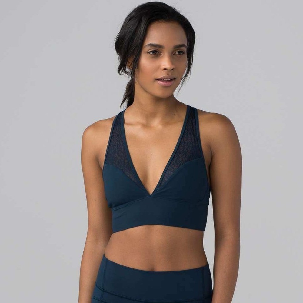 Lululemon Womens Size 4 Lace Mesh Inset Racerback Sports Bra Navy Blue